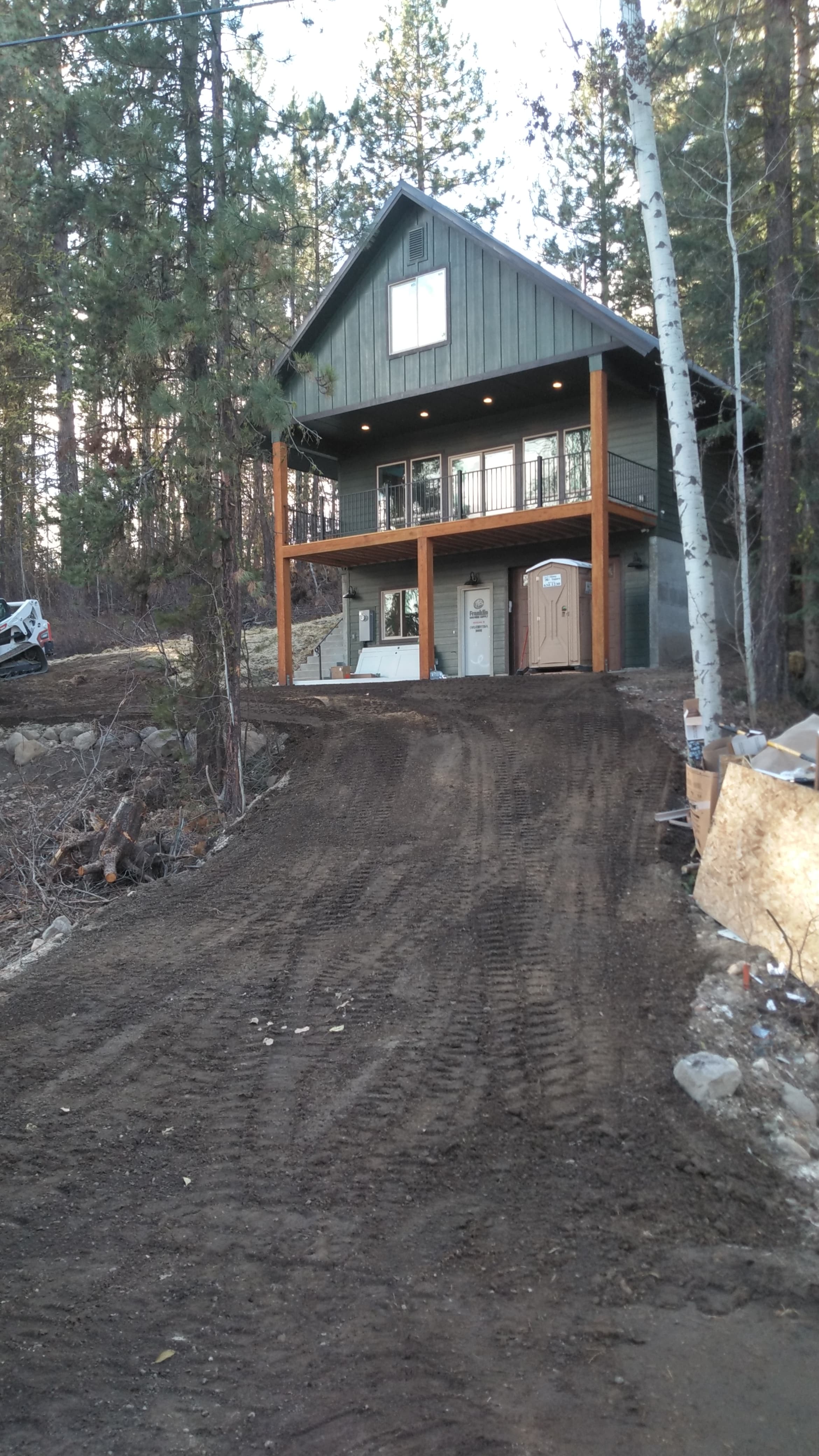 Freshly graded dirt driveway leading to a mountain cabin among pine trees