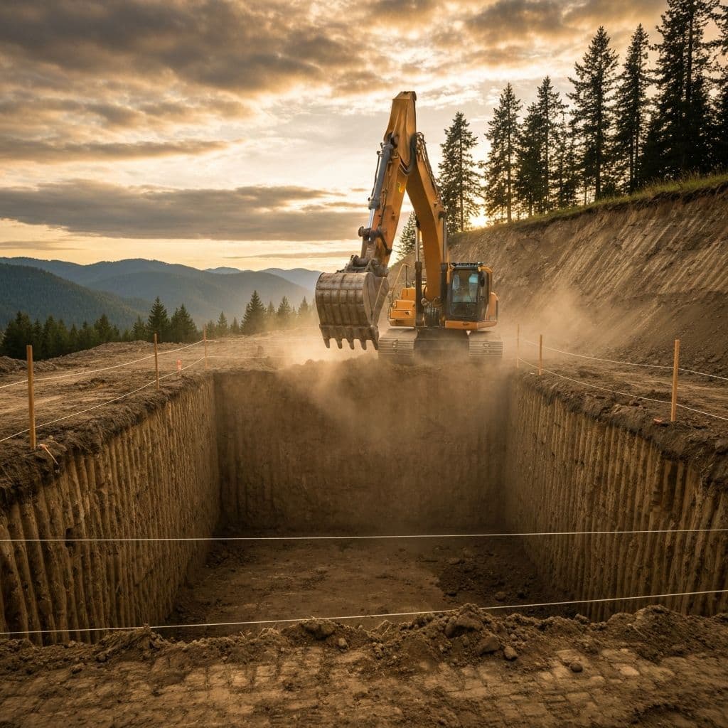 Flatwork preparation job site with heavy equipment grading a residential lot